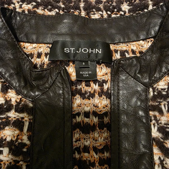 Vintage St.John Tweed Knit Brown Cardigan Jacket Leather Trim Size Women US 6 - Picture 6 of 6